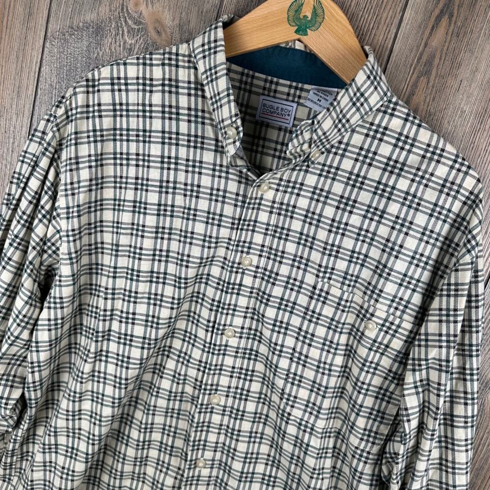 Bugle Boy Company Mens Medium Plaid Button Down Shirt Long Sleeve Cotton Green